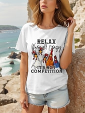 abordables T-shirt Humor &amp; Citations-Femmes T-shirt Chemise en coton Graphique Coq Lettre ancien Élégant Classique Manche Courte Col ras du cou Col rond Hauts Réguliers Quotidien Imprimé Blanche Gris Été