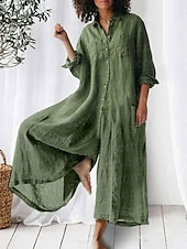 preiswerte Schlichte Hose aus Baumwollleinen-Damen Jumpsuit Aktiv Einfarbig Langarm Weit Bein Hemdkragen Knöpfe Tasche Urlaub Täglich Reguläre Passform Armeegrün Marineblau Khaki Sommer
