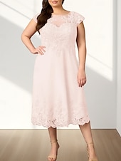 abordables Longueur du thé-Robe Mère de la Mariée A-Line Invité de Mariage Élégante Col Ronde Mi-Longue en Chiffon À Manches Courtes avec Appliques Robe Midi 2025