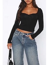 ieftine tricou simplu-Pentru femei Bluză Simplu Modern Manșon Lung Pătrat Crop Tops Zilnic Concediu Ieșire Negru Alb Verde Militar Roșu-aprins Albastru piscină Vară