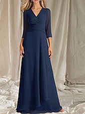 cheap Floor Length-A-Line Mother of the Bride Dress Wedding Guest Elegant V Neck Floor Length Chiffon 3/4 Length Sleeve with Tier Ruching 2025