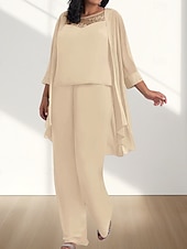 billige Gulvlengde-Jumpsuit  Buksedress 3 Delt Mor til bruden Kjole Bryllupsgjest Elegant Ledig Rund Utringning Gulvlengde Chiffon 3/4 Lengde Ermer med Perleapplikasjoner