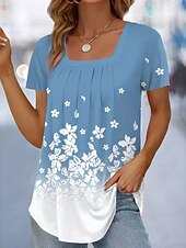 abordables T-shirt floral-Femmes T-shirt Fleuri Graphique ancien Élégant Classique Manche Courte Col carré Hauts Réguliers Quotidien Week-end Imprimé Noir Bleu Orange Vert Été