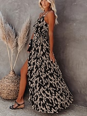 preiswerte Streifen- und geometrische Kleider-Damen Maxikleid A Linie Kleid Unterkleid Urlaub Lässig Boho Outdoor Ausgehen Strand Standard Passform Grafik Geometrisch Ärmellos Spaghettiträger Weiß Leicht Braun Blau Grau Sommer