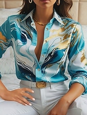 baratos Tops de Arte e Design Femininos-Mulheres Camisa Social Gráfico Cores Gradiente à moda Casual Manga Longa Colarinho de Camisa Tops regulares Diário Botões Imprimir Rosa Azul Roxo Verão Primavera
