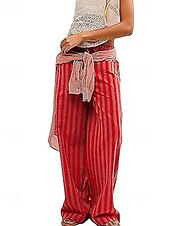 voordelige wijde pijpen en hoge taille-Dames broek Broeken Casual Volledige lengte Natuurlijk Gestreept Zak Elastisch ontwerp met trekkoord Comfortabel Voor buiten Uitgaan Weekend Rood Perzik Pauw Blauw Hyacinth Zwart Zomer Normale pasvorm