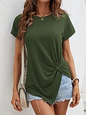 abordables T-shirt uni-T-shirt femme de couleur unie Uni Mode Classique Décontracté Manches courtes Col rond Hauts réguliers Quotidien Week-end Asymétrique Noir Blanc Vert armée Bleu marine Été