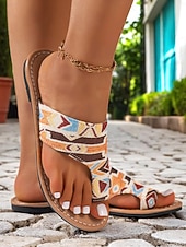 cheap Vacation Sandals-Women&#039;s Bohemian Tribal Print Toe Ring Sandals – Lightweight Slip-On Flats for Summer Travel, Beach Holidays, and Casual Outings