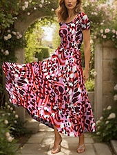 abordables Art &amp; Design Robes-Femmes Robe maxi Robe Décontractée Robe trapèze Robe d&#039;été Vacances ancien Ethnique Coupe régulière Graphique Léopard Géométrique Manche Courte Col carré Rose Claire Été Printemps