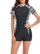 abordables Maillots de bain une pièce-Femmes Maillots de Bain Une Pièce Maillot de bain Zip Up Patchwork Tropical Tenues de plage Fleur Col rond Manches courtes Maillots de bain