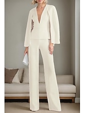 preiswerte Hosenanzüge für Mama-zweiteiliger Overall/Hosenanzug, Kleid für die Brautmutter, elegant, minimalistisch, lässig, tiefer Ausschnitt, bodenlang, Polyester, lange Ärmel, mit Jacke und Schlitz, 2025