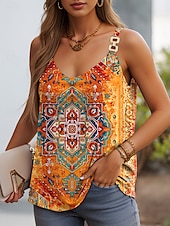 billige Boho tank topp-Dame Camisole Tank Top Grafisk Geometrisk Fritid Ermeløs Med stropper Vanlige topper Daglig Åpen rygg Lapper Trykt mønster Gul Rød Oransje Sommer Vår