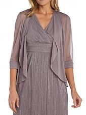 economico Con giacca-Abito da sposa in chiffon glitterato a due pezzi, modello A, elegante, semplice e minimalista, con scollo a V, lunghezza al pavimento, senza maniche, mezza manica, con giacca 2025