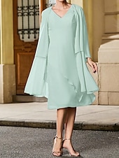 economico Con giacca-Abito da sposa a trapezio, elegante, semplice e minimalista, con scollo a V, lunghezza tè, in chiffon, a maniche lunghe con volant a cascata, 2025