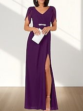 cheap Wedding Guest Dresses-A-Line Wedding Guest Dresses Elegant Dress Wedding Guest Engagement Floor Length Short Sleeve V Neck Chiffon with Ruched Beading Slit