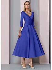 voordelige Vloerlengte-Strand Bruiloft A-Lijn Gouden Jurken Moeder van de Bruid Jurk Bruiloft Gast Elegante Vintage Plus Size V Hals Thee Lengte Satin 3/4 Lengte Mouw met Plissé dress to impress 2025 gratis op maat gemaakt