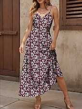 cheap Floral Dress-Women&#039;s Maxi Dress Sundress A Line Dress Summer Dress Slip Dress Elegant Vacation Casual Regular Fit Floral Graphic Sleeveless V Neck Spaghetti Strap Red Blue Green Summer Spring