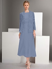 cheap With Jacket-Blue Pink Two Piece A-Line Dress Sets Mother of the Bride Dress Elegant Crew Neck Ankle Length Chiffon Long Sleeve Jacket Dresses with Lace Embroidery 2025