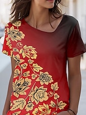 cheap Floral tee-Women&#039;s T Shirt Ombre Floral Graphic Vintage Stylish Basic Short Sleeve Crew Neck V Neck Round Neck Regular Tops Daily Weekend Print Red Summer Spring