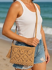 olcso Keresztpántos táskák-női kézzel szőtt boho crossbody táska – vintage makramé válltáska bojttal tengerparti nyaraláshoz és hétköznapi ruhákhoz szín fekete fehér rózsaszín