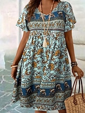 cheap Boho Dress-Women&#039;s Mini Dress Casual Dress Floral Dress Summer Dress Boho Dress Fashion Modern Daily Beach Weekend Regular Fit Floral Short Sleeve V Neck Black White Royal Blue Blue Summer