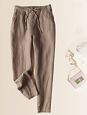 baratos Calça de linho de algodão simples-Mulheres Calças de linho de algodão Calças Calças Harem Casual Comprimento total Natural Tecido Bolsos Design de cordão elástico Exterior Confortável Rua Roupa Diária Adamascado Preto Branco Rosa
