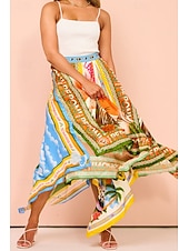 preiswerte Grafische Röcke-Damen Rock Lässig Boho Maxi Mittlere Hüfthöhe Röcke Blumen Druck Asymmetrischer Saum Mikroelastisch Straße Ausgehen Grün Sommer Polyester