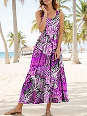 cheap Boho Dress-Women&#039;s Maxi Dress Sundress A Line Dress Slip Dress Pleated Dress Vacation Casual Boho Beach Regular Fit Graphic Bohemian Boho Sleeveless U Neck Scoop Neck Yellow Red Blue Purple Summer Spring