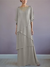 voordelige Vloerlengte-ts strand bruiloft a-lijn moeder van de bruid jurk formele bruiloft gast elegante bateau hals vloer lengte chiffon halve mouw met ruches drapering laag 2025