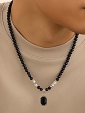 cheap Men&#039;s Jewelry-Men&#039;s Black Onyx Beaded Necklace with Tiger Eye Accents and Silver Pendant – Stylish Gift for Casual and Formal Occasions