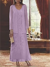 abordables Avec veste-Robe Mère de la Mariée Coupe Deux Pièces à la Plage Invité de Mariage Élégant Étincelle  Brillance Encolure en V Longueur Cheville Chiffon Sequins Manches Longues avec Sequins 2025 taille
