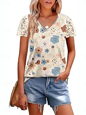 levne tričko umění a designu-Womenské blůzy Krajka Splicing Top Květinové Listy Stylový Neformální Krátký rukáv V Krk Pravidelné topy Denní Krajkový potisk Žlutá Modrá Meruňková Léto Jaro