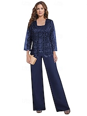 preiswerte Unter 129,99 $-Hosenanzug Brautmutter Kleid Hochzeitsgast Elegantes Quadrat-Ausschnitt Bodenlang Polyester Spitze Lange Ärmel mit einfarbigem Material