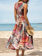 cheap Boho Dress-Women&#039;s Maxi Dress Sundress A Line Dress Slip Dress Pleated Dress Vacation Casual Boho Beach Regular Fit Graphic Bohemian Boho Sleeveless U Neck Scoop Neck Yellow Red Blue Purple Summer Spring