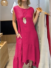 cheap Design Cotton &amp; Linen Dresses-Women&#039;s Midi Dress A Line Dress Summer Dress Casual Daily Holiday Beach Regular Fit Plain Sleeveless Crew Neck Yellow Red Green Summer