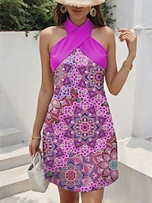 abordables Robes fleuries-Femmes Mini Robe Robe d&#039;Été Robe trapèze Vacances Occasionnel Extérieur Sortir Coupe régulière Fleuri Graphique Sans manches Col Halter Bleu Violet Vert Été