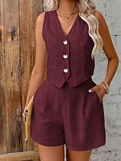 cheap Women&#039;s Blouse Suits-Women&#039;s Active Blouse Vest Shorts Sets Sleeveless V Neck Solid Color Dubbele Rij Knopen Holiday Casual Daily Black Wine Army Green Summer Regular Fit