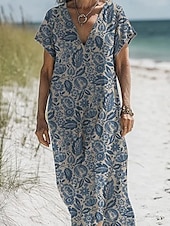 tanie Sukienki boho-Damskie Długa sukienka sukienka maxi Sukienki z bawełny i lnu Codzienne sukienki Sukienka Boho Strój zachodni Moda Na zewnątrz Impreza Święto Regularny Kwiat Krótki rękaw W serek Niebieski Zielony