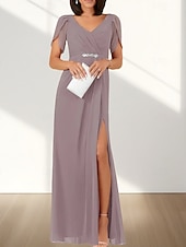 cheap Wedding Guest Dresses-A-Line Wedding Guest Dresses Elegant Dress Wedding Guest Engagement Floor Length Short Sleeve V Neck Chiffon with Ruched Beading Slit