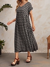 tanie Sukienka w paski i geometryczna-Damskie Sukienka maxi Sukienka A line Letnie sukienki Codzienny Codzienny Regularny Graficzny Geometryczny Krótki rękaw W serek Czarny Wino Czerwony Zielony Lato