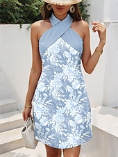 ieftine Rochii florale-Pentru femei Rochie Mini Rochie de Vară Rochie A line Vacanță Casual În aer liber Ieșire Fit regulat Floral Grafic Fără manșon Gâtul halter Alb Albastru piscină Trifoi Vară