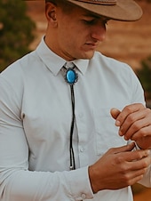 tanie Krawaty i muszki męskie-męski krawat kowbojski typu bolo w stylu western z turkusową wkładką, wzór vintage - regulowany skórzany sznurek, modny dodatek kowbojski na okazje codzienne i formalne