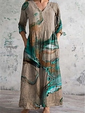 preiswerte Ausgefallene Kleider-Damen Langes Kleid Maxikleid Freizeitkleid Sommerkleid Boho-Kleid Mode Urlaub Täglich Wochenende Normale Passform Blumen Grafik Langarm V Ausschnitt Gelb Grün Khaki Regenbogen Sommer