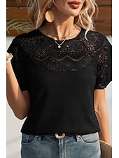 abordables Hauts en dentelle-Femmes Chemisier Hauts en dentelle Uni Occasionnel Manche Courte Col ras du cou Hauts Réguliers Quotidien Fête Sortir Dentelle Noir Blanche Violet Été
