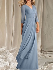 cheap Floor Length-A-Line Mother of the Bride Dress Wedding Guest Elegant V Neck Floor Length Chiffon 3/4 Length Sleeve with Tier Ruching 2025