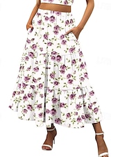economico Gonne grafiche-Per donna Gonna Svasato Casual Maxi Vita media Gonne Floreale Stampato Micro-elastico Vacanza Uscire Rosso Viola Blu scuro Azzurro Estate Misto Cotone