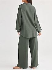 billiga Uppsättningar-Dam Mode Streetwear Skjorta Tvådelade set Byxuppsättningar Långärmad Tröjkrage Ensfärgat Snörning Dagliga kläder Datum Svart Vin Armégrön Vår Normal