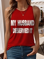billige Tanks og camisole til kvinner-Dame Camisole Tank Top Grafisk Bokstaver Stilfull Fritid Ermeløs Crew-hals Vanlige topper Daglig Trykt mønster Svart Hvit Rød Blå Lilla Sommer Vår