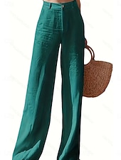 cheap Plain Cotton Linen Pant-Women&#039;s Wide Leg Baggy Pants Solid Color Fashion Basic Full Length High Waist Plain Pocket Comfort Outdoor Micro-elastic Vacation Street Daily Deep Green Black White Summer Spring Regular Fit