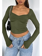 ieftine tricou simplu-Pentru femei Bluză Simplu Modern Manșon Lung Pătrat Crop Tops Zilnic Concediu Ieșire Negru Alb Verde Militar Roșu-aprins Albastru piscină Vară